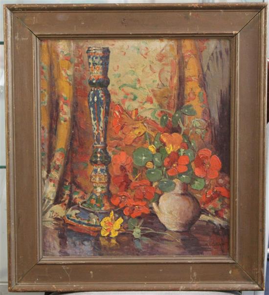 Scottish School circa 1900 Still life with a faience candlestick and nasturtiums, 16 x 14in.